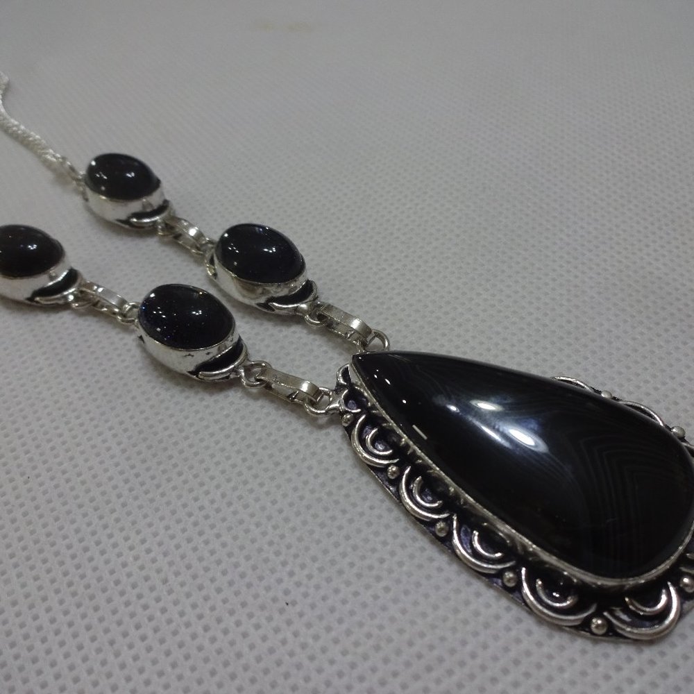Gorgeous "BLACK BOTSWANA AGATE & BLUE SUNSTONE Handmade Sterling Pendant Neck.